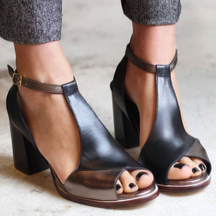 Diana™ | Black Patchwork Open-Toe Heeled Sandals